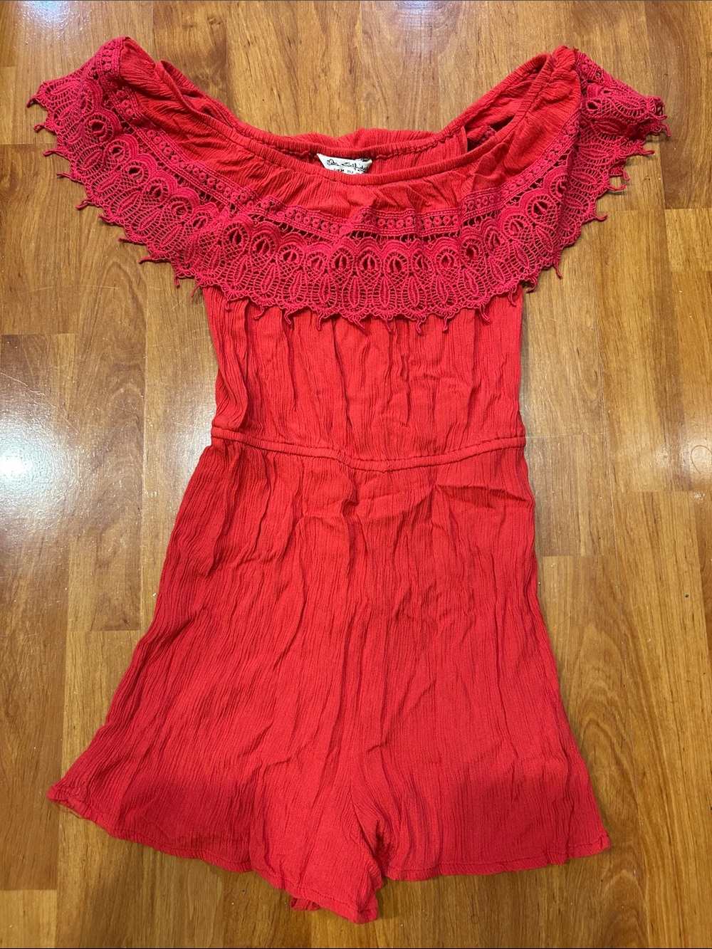 Red Off-Shoulder Crochet Trim Romper